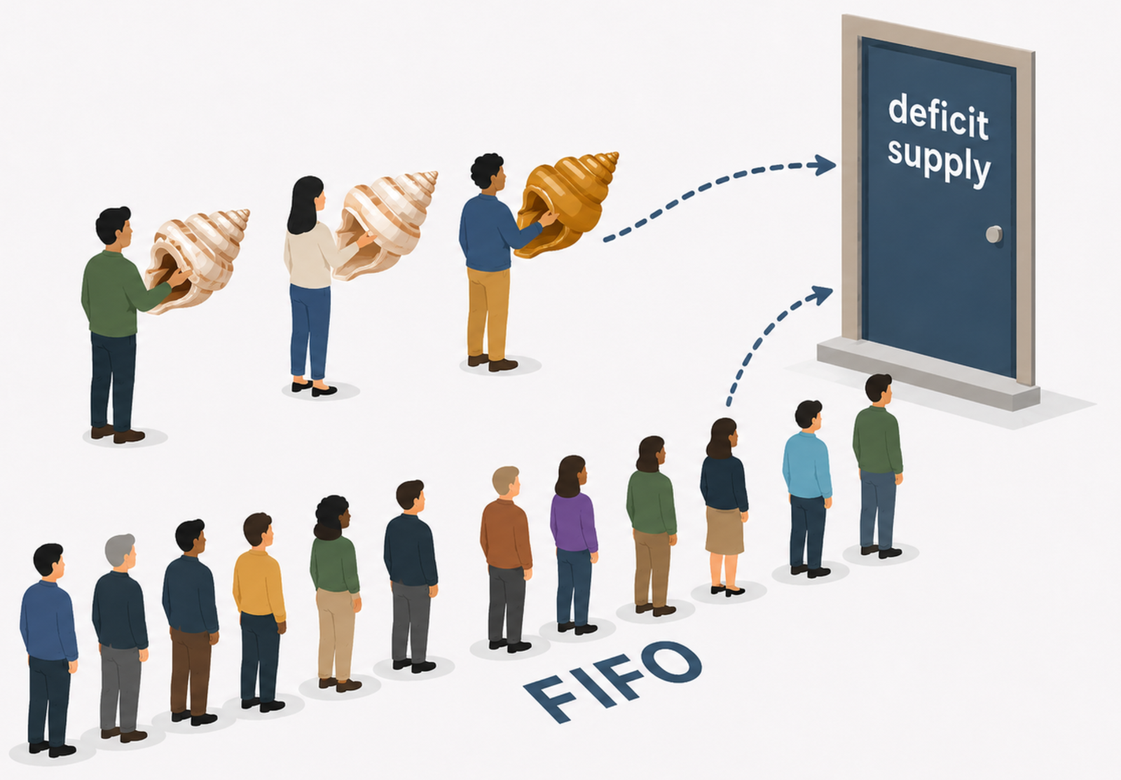 A long FIFO queue waits at a deficit-supply door while three people holding shells - one of them a golden shell - take a private shortcut straight to the front