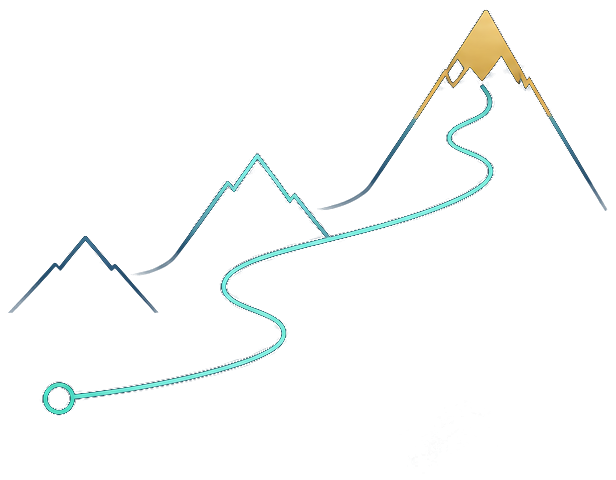 A winding path rising through mountain ridges to a gold summit